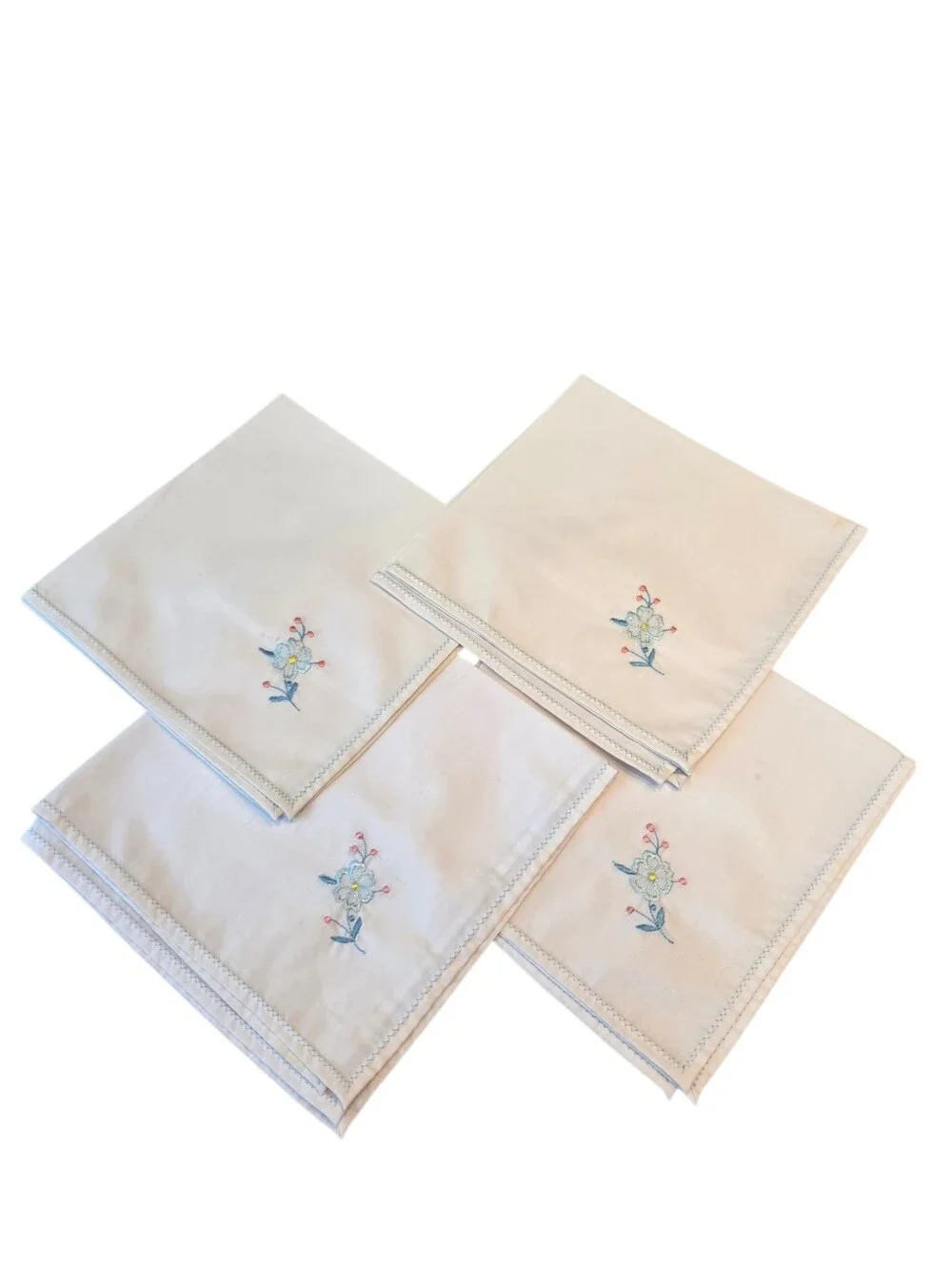 Vintage Hand Embroidered White Linen Cocktail Napkins Set 4 Floral Cottagecore